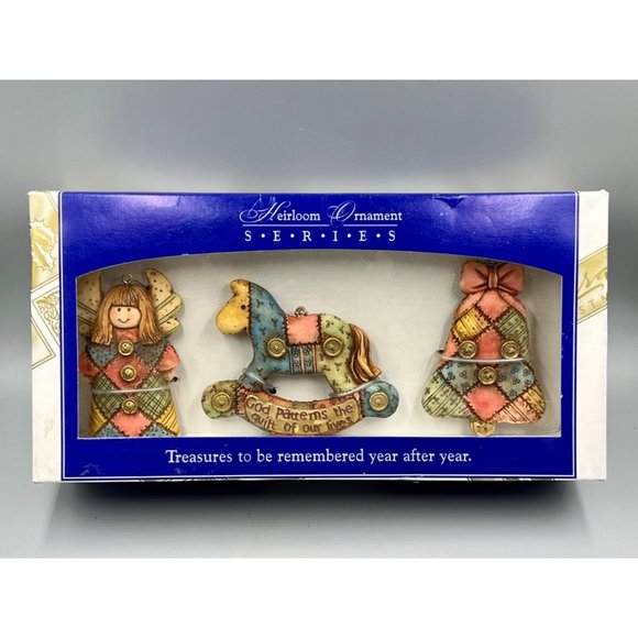 3 Pc. Sierra Gift Company Ceramic Patchwork Ornaments - Angel/Rocking Horse/Bell - Picture 1 of 9